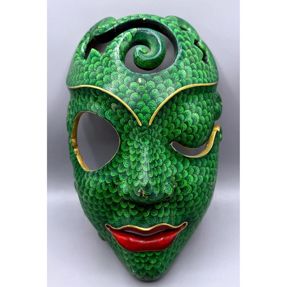 Balinese Batik Wood Mask Green Scale Hand Painted Bali Indonesia Folk Art 11.5in